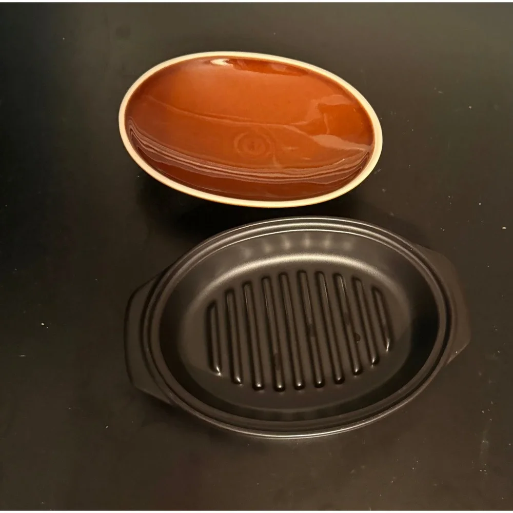 Vintage Ceramic Oval Casserole Dish with Lid Amber Brown and Matte Black 7.5in